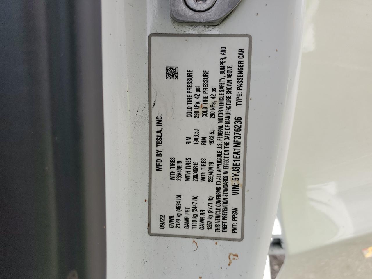 2022 TESLA MODEL 3  VIN:5YJ3E1EA1NF376236