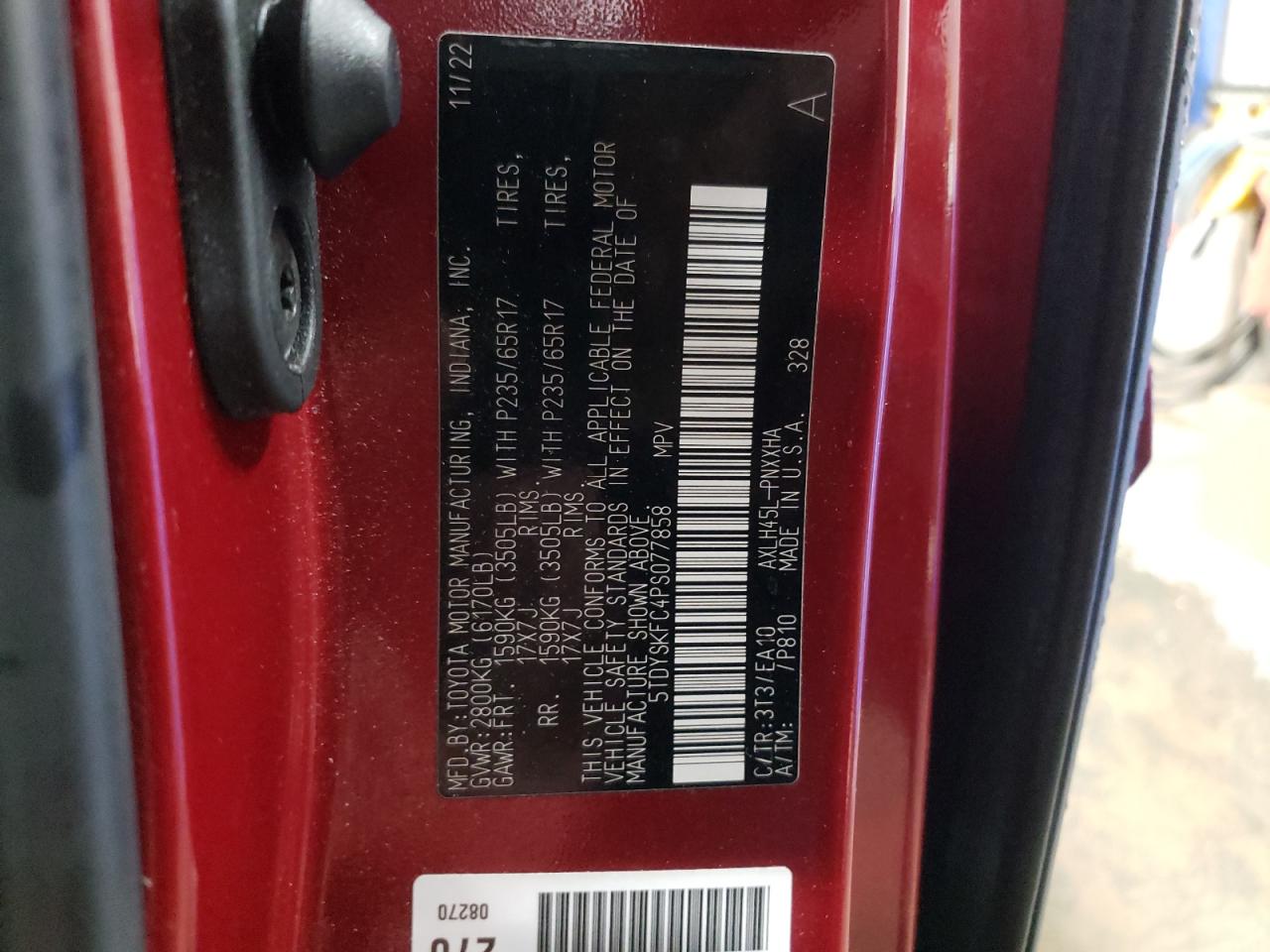 2023 TOYOTA SIENNA XLE VIN:5TDYSKFC4PS077858