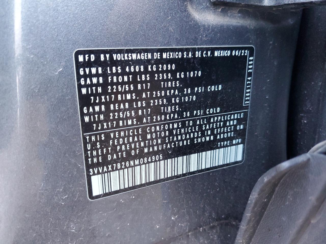 2022 VOLKSWAGEN TAOS S VIN:3VVAX7B26NM084905