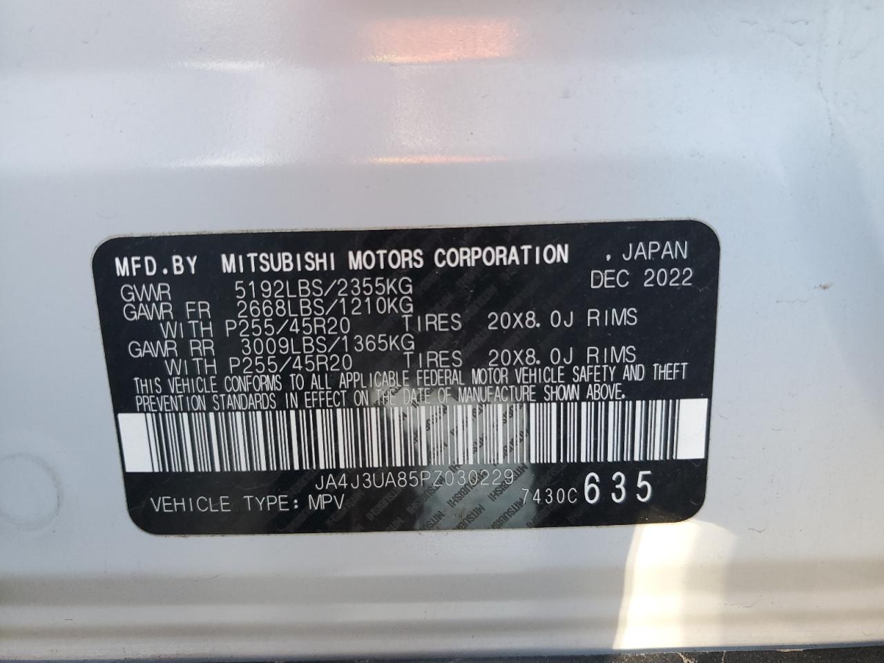 2023 MITSUBISHI OUTLANDER SE VIN:JA4J3UA85PZ030229