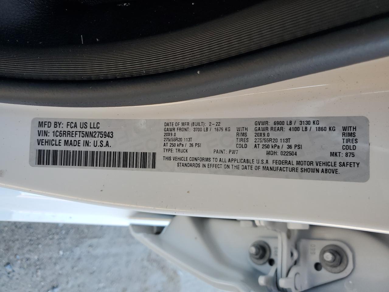 2022 RAM 1500 BIG HORN/LONE STAR VIN:1C6RREFT5NN275943