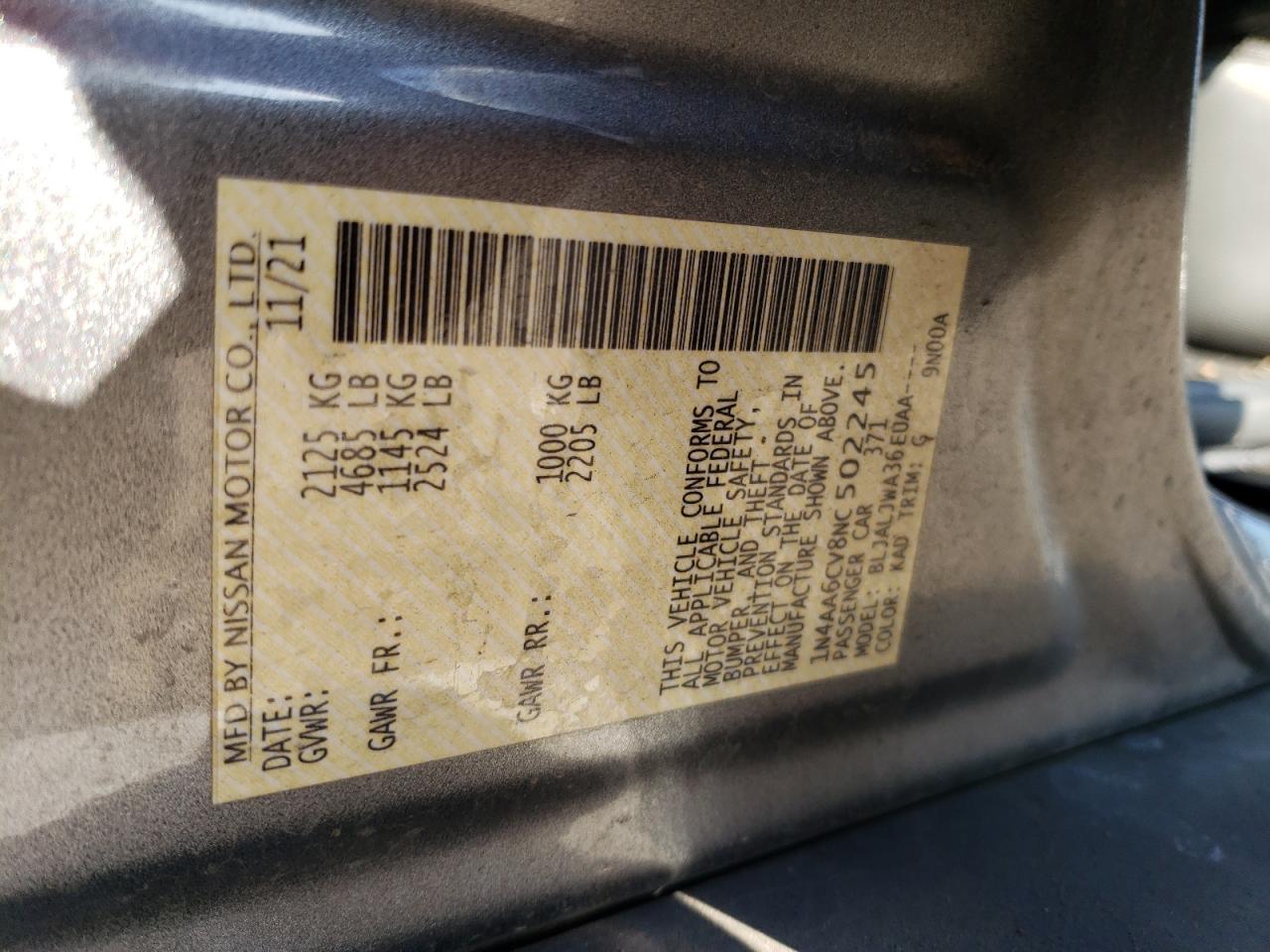 2022 NISSAN MAXIMA SV VIN:1N4AA6CV8NC502245