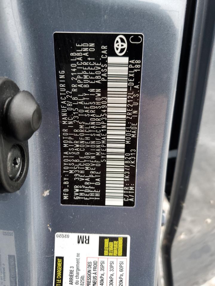 2022 TOYOTA COROLLA LE VIN:5YFEPMAE1NP354903