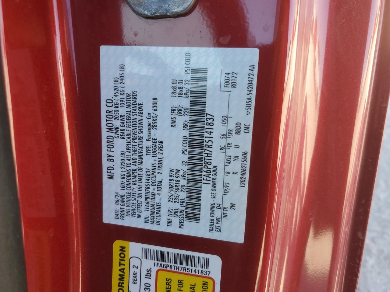 2024 FORD MUSTANG  VIN:1FA6P8TH7R5141837