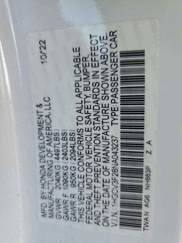 2022 HONDA ACCORD HYBRID SPORT VIN:1HGCV3F28NA043237