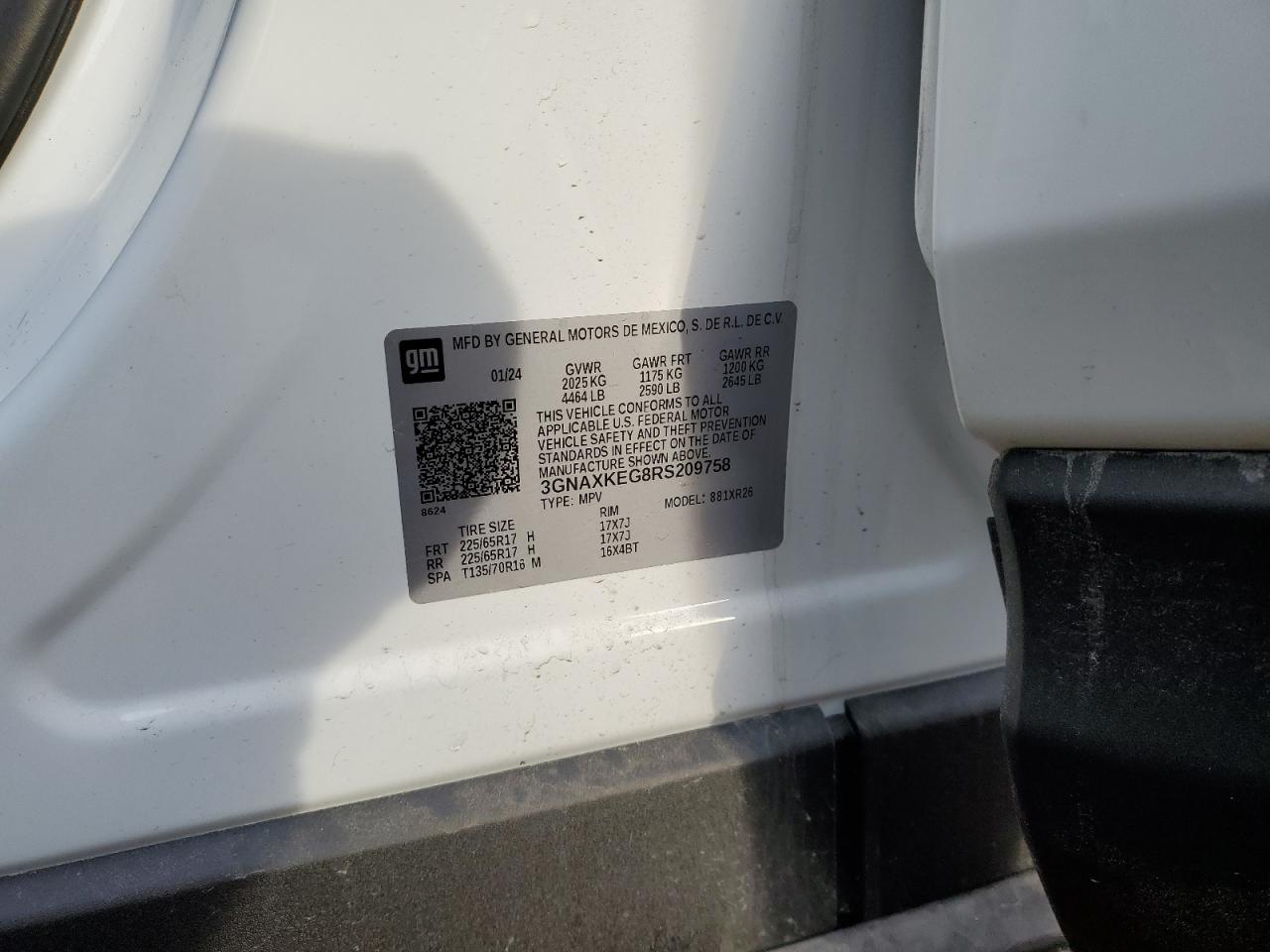 2024 CHEVROLET EQUINOX LT VIN:3GNAXKEG8RS209758