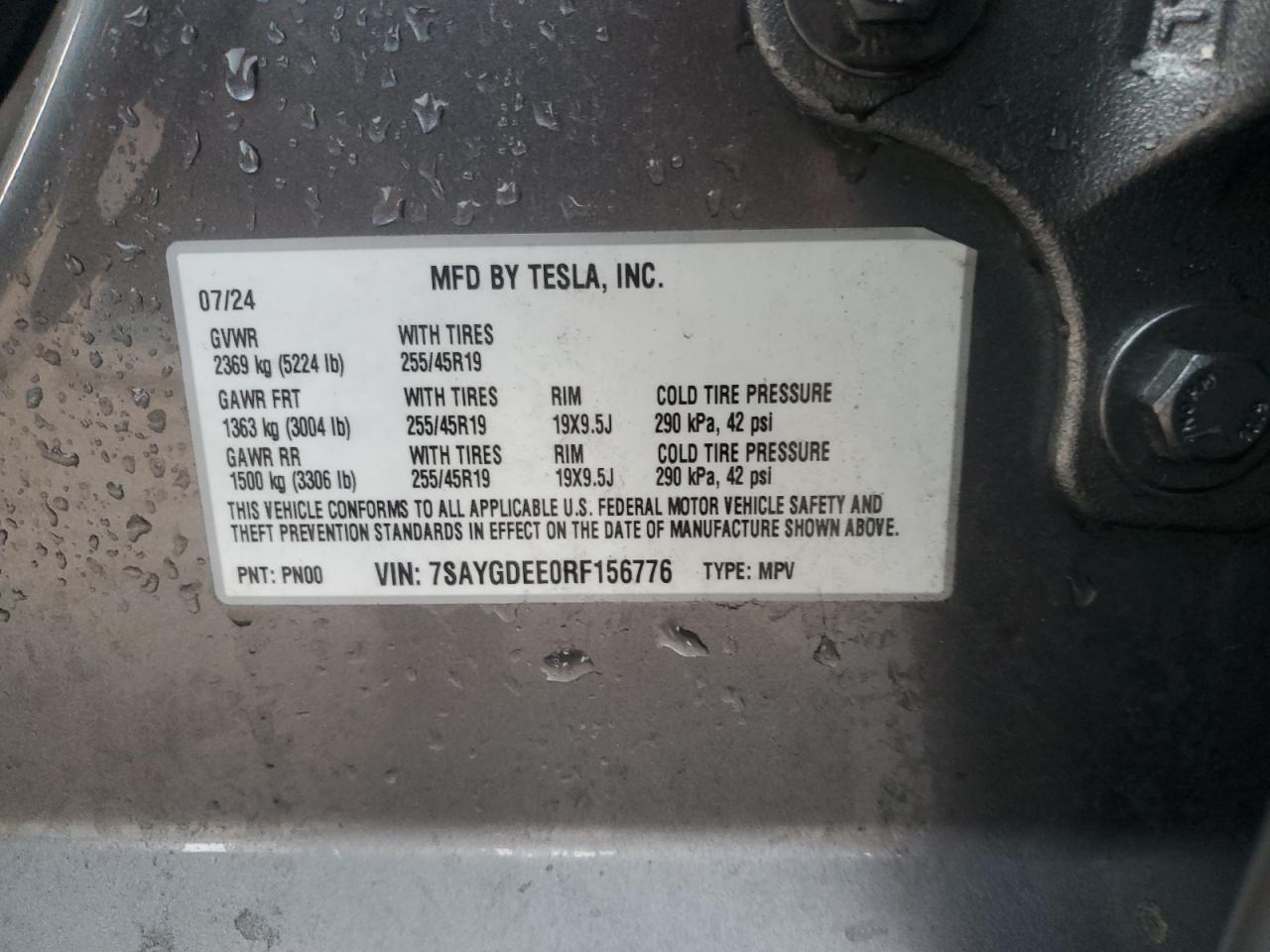 2024 TESLA MODEL Y  VIN:7SAYGDEE0RF156776