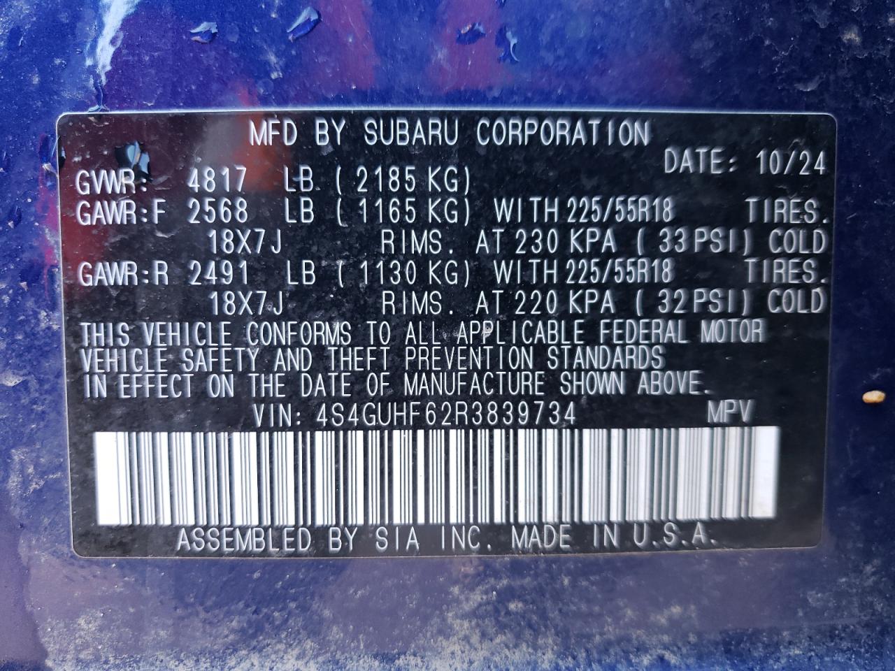 2024 SUBARU CROSSTREK SPORT VIN:4S4GUHF62R3839734