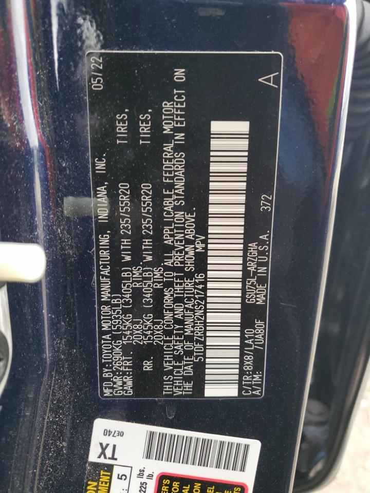 2022 TOYOTA HIGHLANDER PLATINUM VIN:5TDFZRBH2NS217416