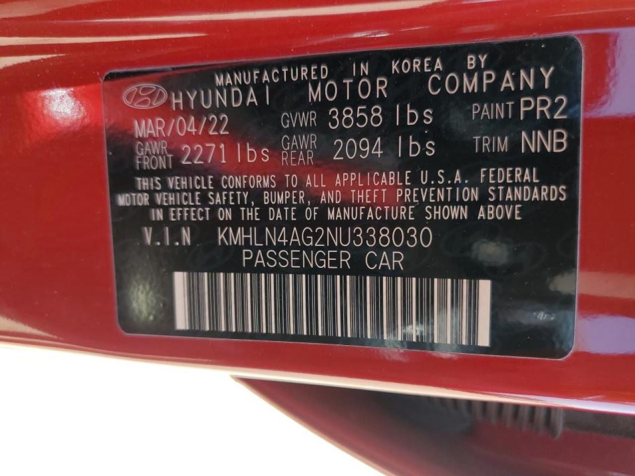 2022 HYUNDAI ELANTRA SEL VIN:KMHLN4AG2NU338030