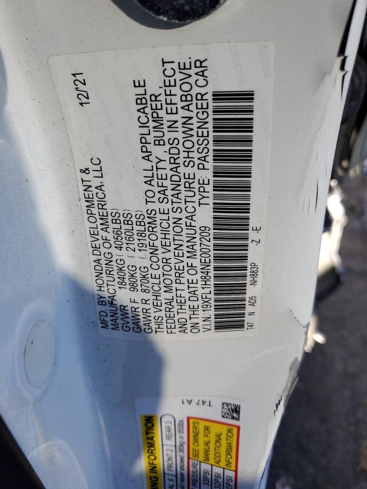 2022 HONDA CIVIC SPORT TOURING VIN:19XFL1H84NE007209