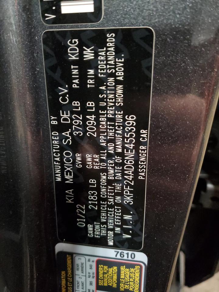 2022 KIA FORTE FE VIN:3KPF24AD6NE455396
