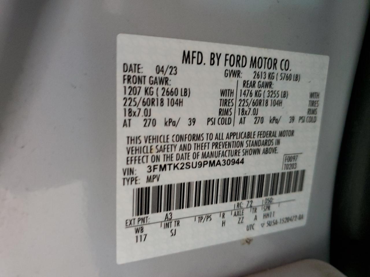2023 FORD MUSTANG MACH-E CALIFORNIA ROUTE 1 VIN:3FMTK2SU9PMA30944
