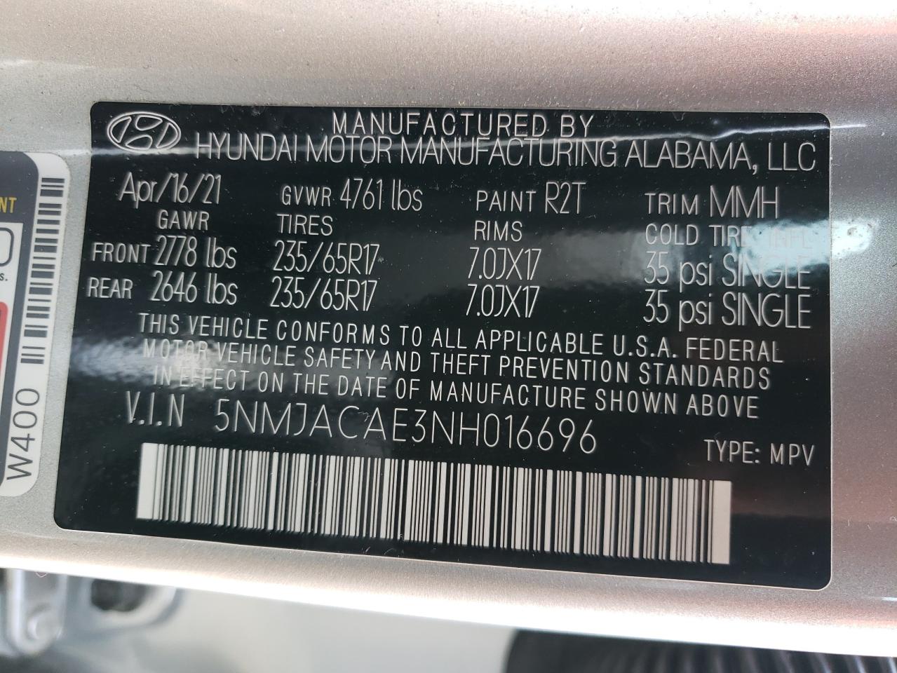 2022 HYUNDAI TUCSON SE VIN:5NMJACAE3NH016696