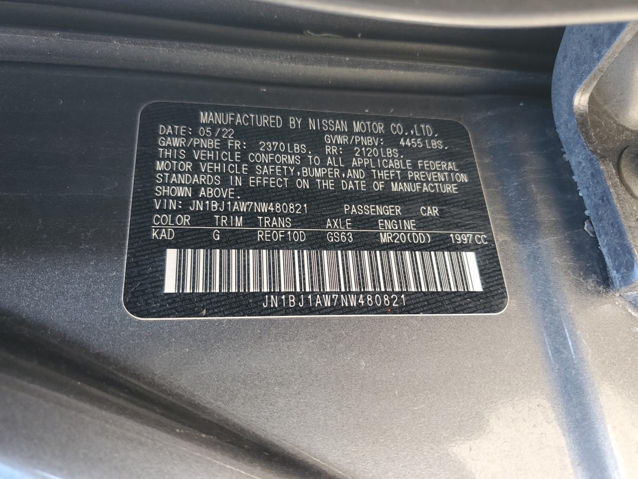 2022 NISSAN ROGUE SPORT S VIN:JN1BJ1AW7NW480821