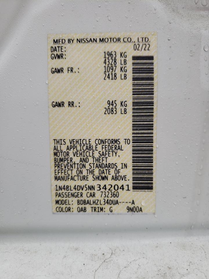 2022 NISSAN ALTIMA SV VIN:1N4BL4DV5NN342041