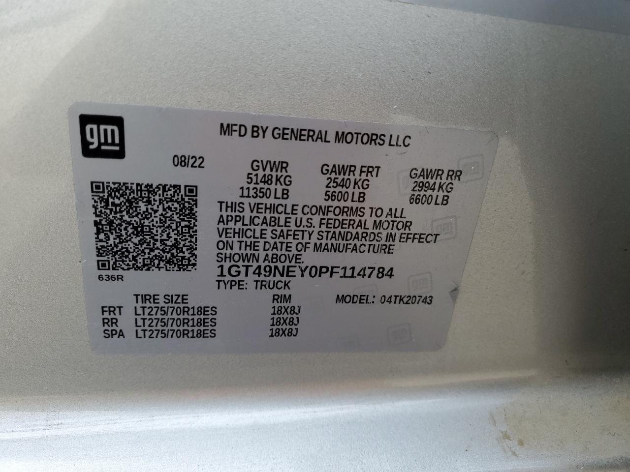 2023 GMC SIERRA K2500 SLT VIN:1GT49NEY0PF114784