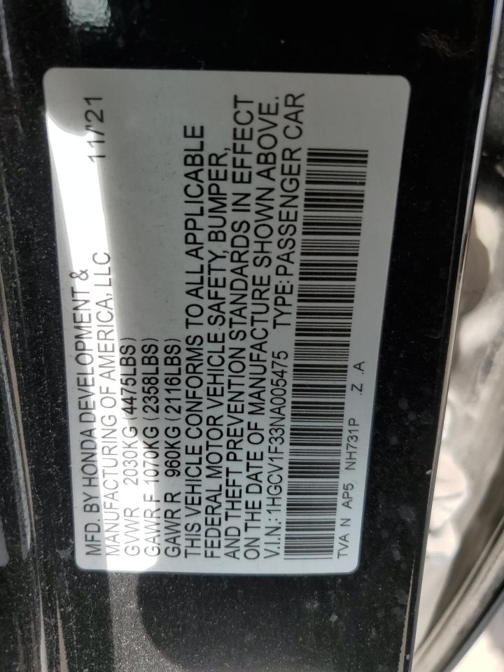 2022 HONDA ACCORD SPORT VIN:1HGCV1F33NA005475