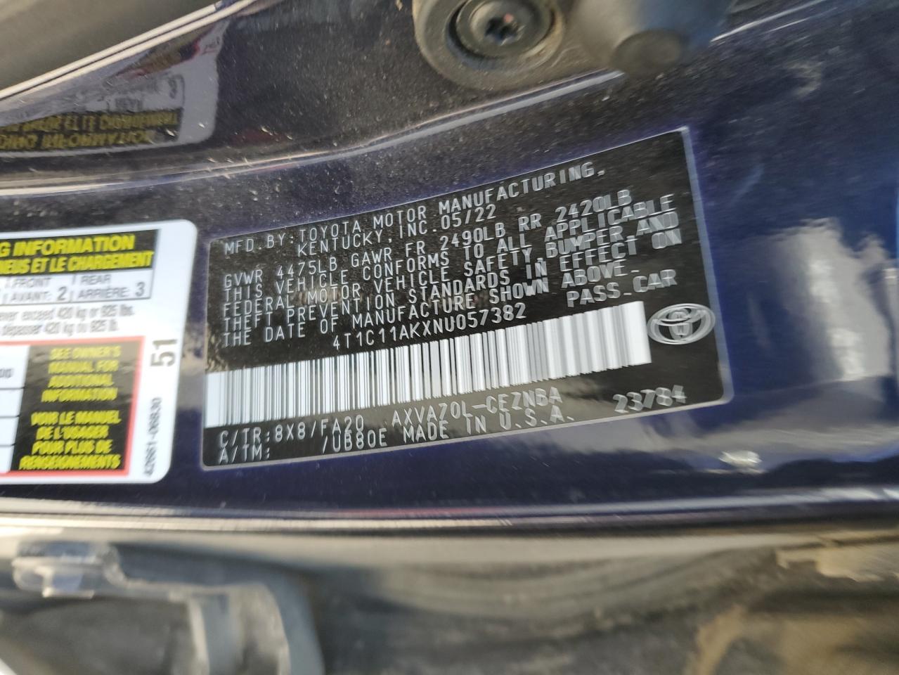 2022 TOYOTA CAMRY LE VIN:4T1C11AKXNU057382