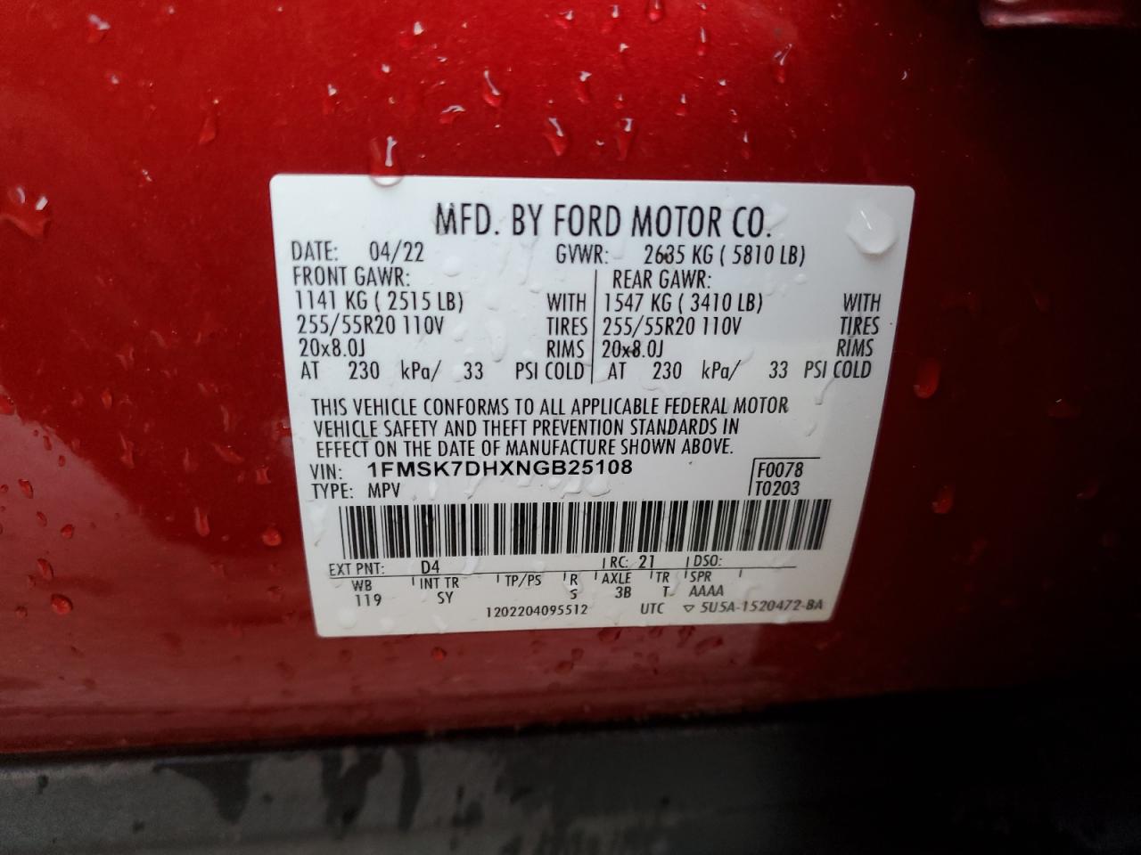 2022 FORD EXPLORER XLT VIN:1FMSK7DHXNGB25108