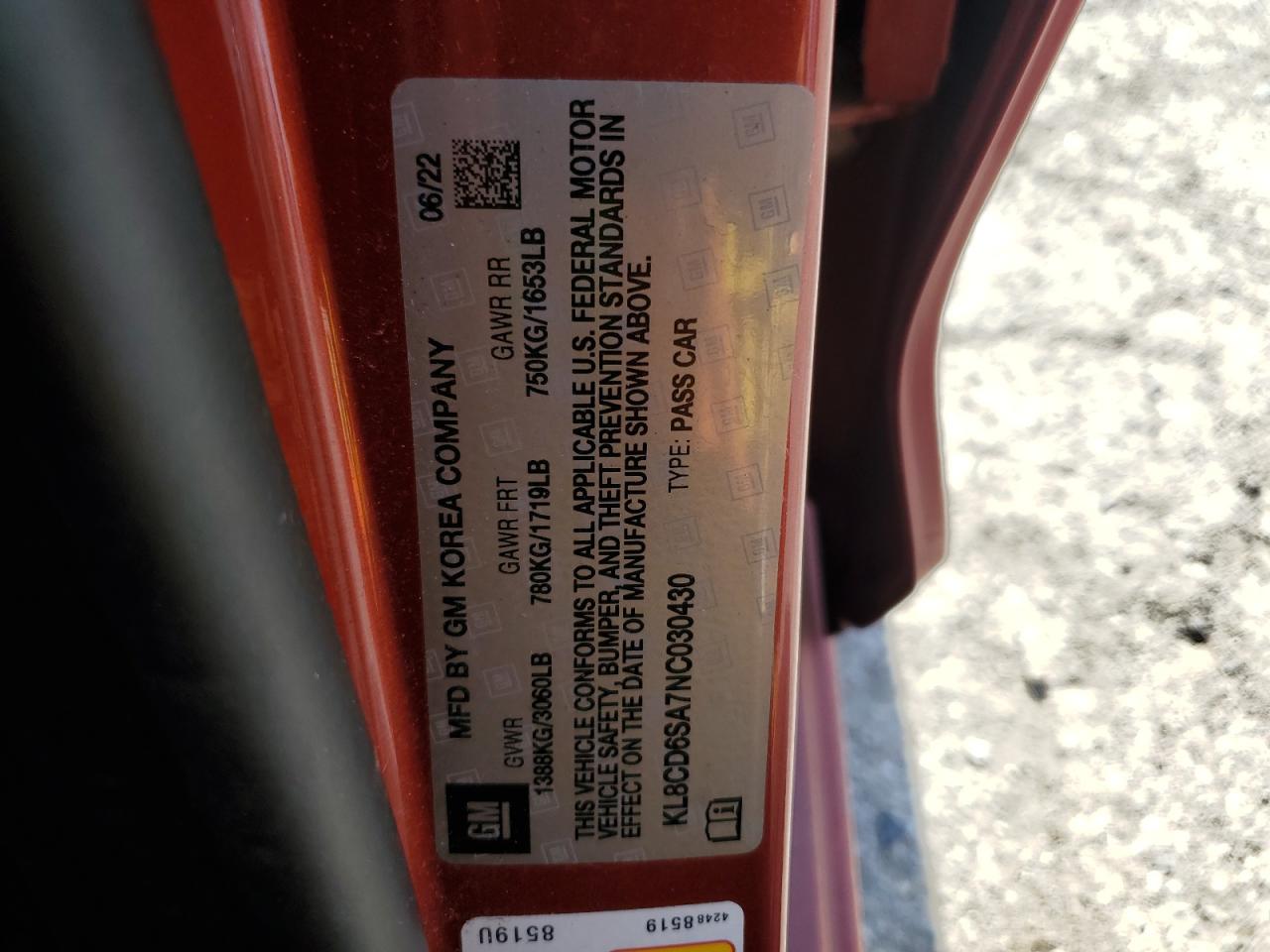 2022 CHEVROLET SPARK 1LT VIN:KL8CD6SA7NC030430