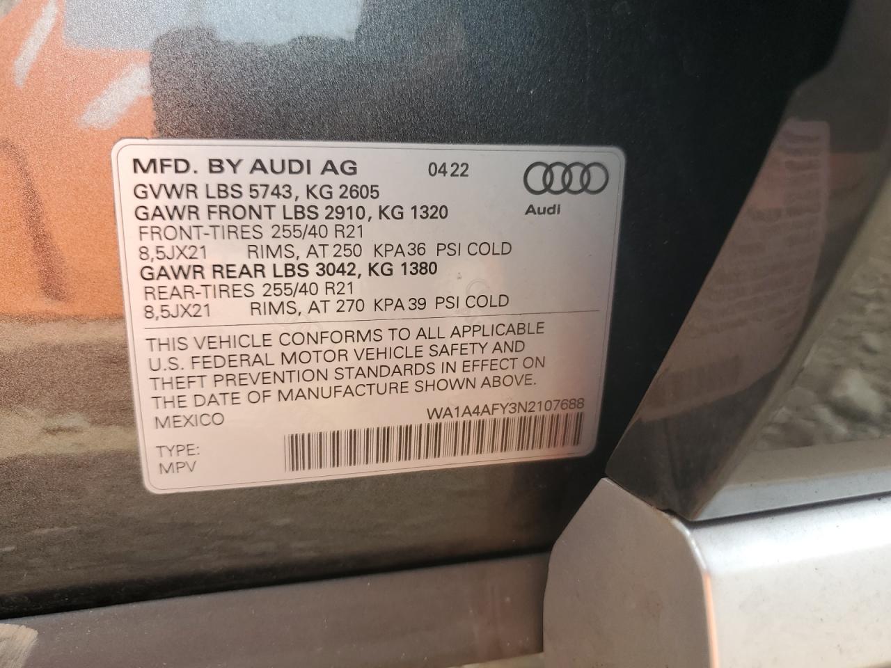 2022 AUDI SQ5 PREMIUM VIN:WA1A4AFY3N2107688