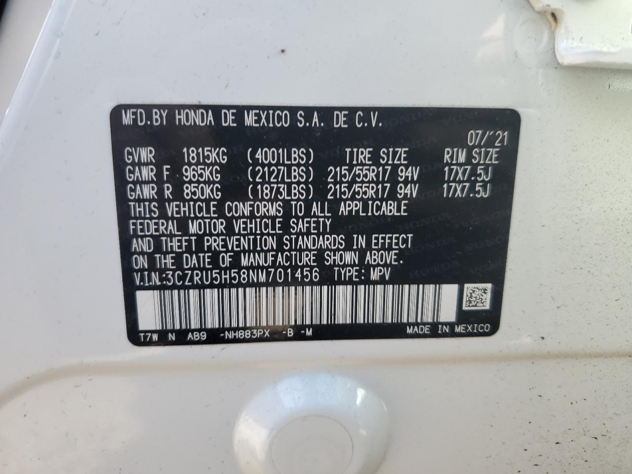 2022 HONDA HR-V EX VIN:3CZRU5H58NM701456