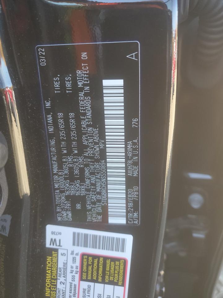 2022 TOYOTA HIGHLANDER HYBRID XLE VIN:5TDGBRCH5NS550894