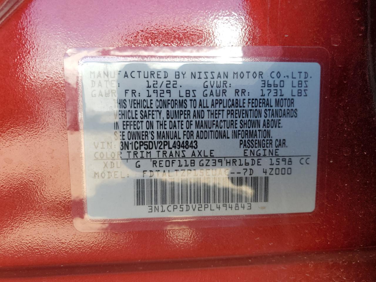 2023 NISSAN KICKS SR VIN:3N1CP5DV2PL494843