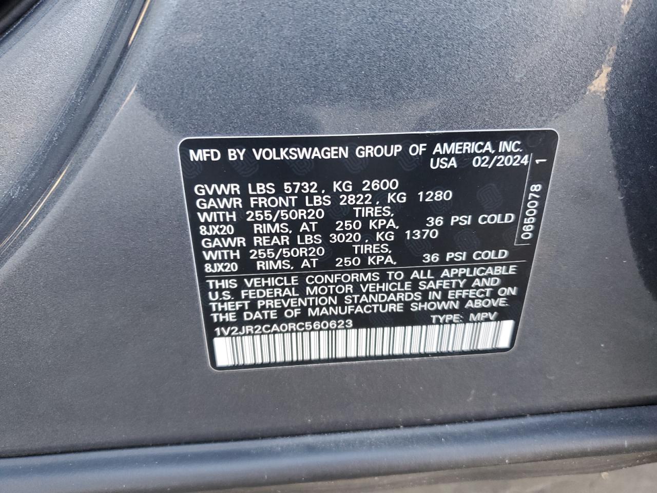 2024 VOLKSWAGEN ATLAS SE VIN:1V2JR2CA0RC560623