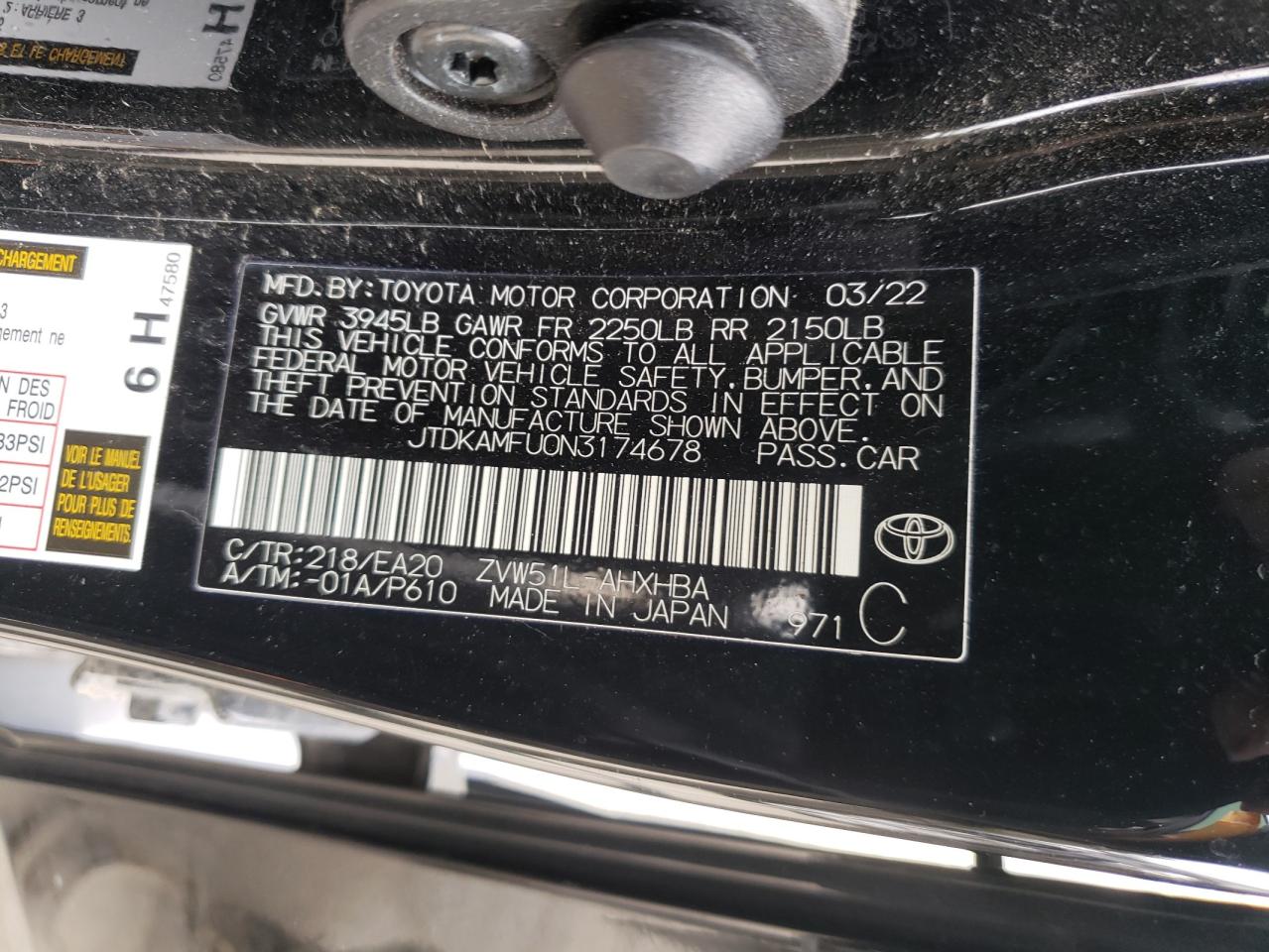 2022 TOYOTA PRIUS NIGHT SHADE VIN:JTDKAMFU0N3174678