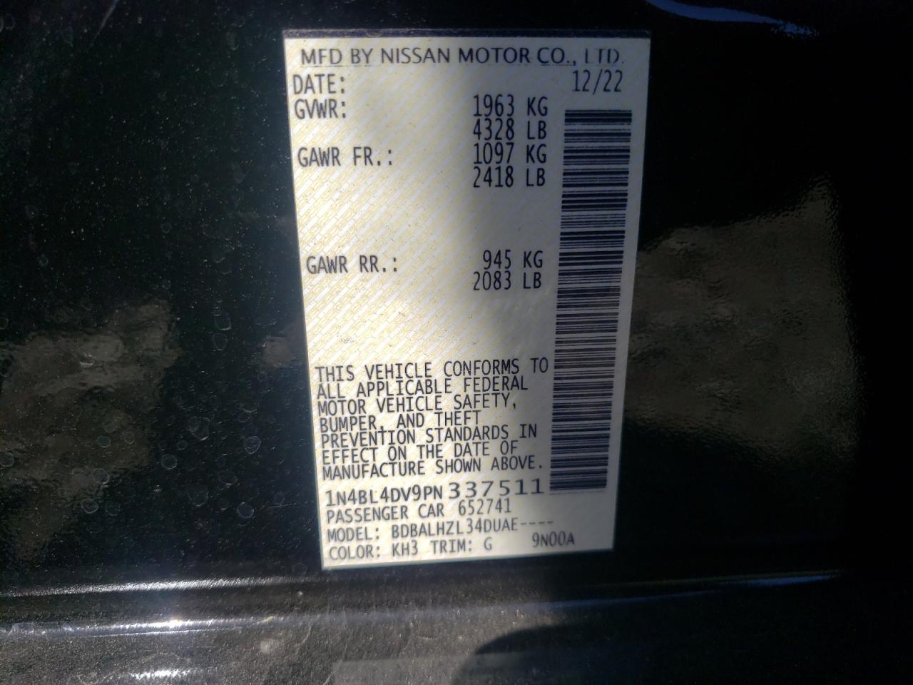 2023 NISSAN ALTIMA SV VIN:1N4BL4DV9PN337511