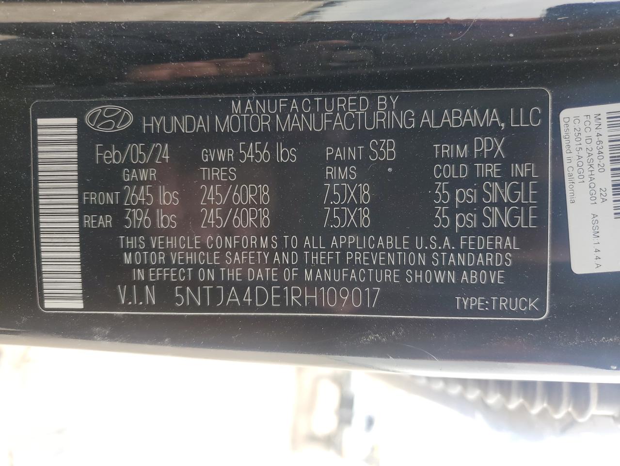 2024 HYUNDAI SANTA CRUZ SE VIN:5NTJA4DE1RH109017