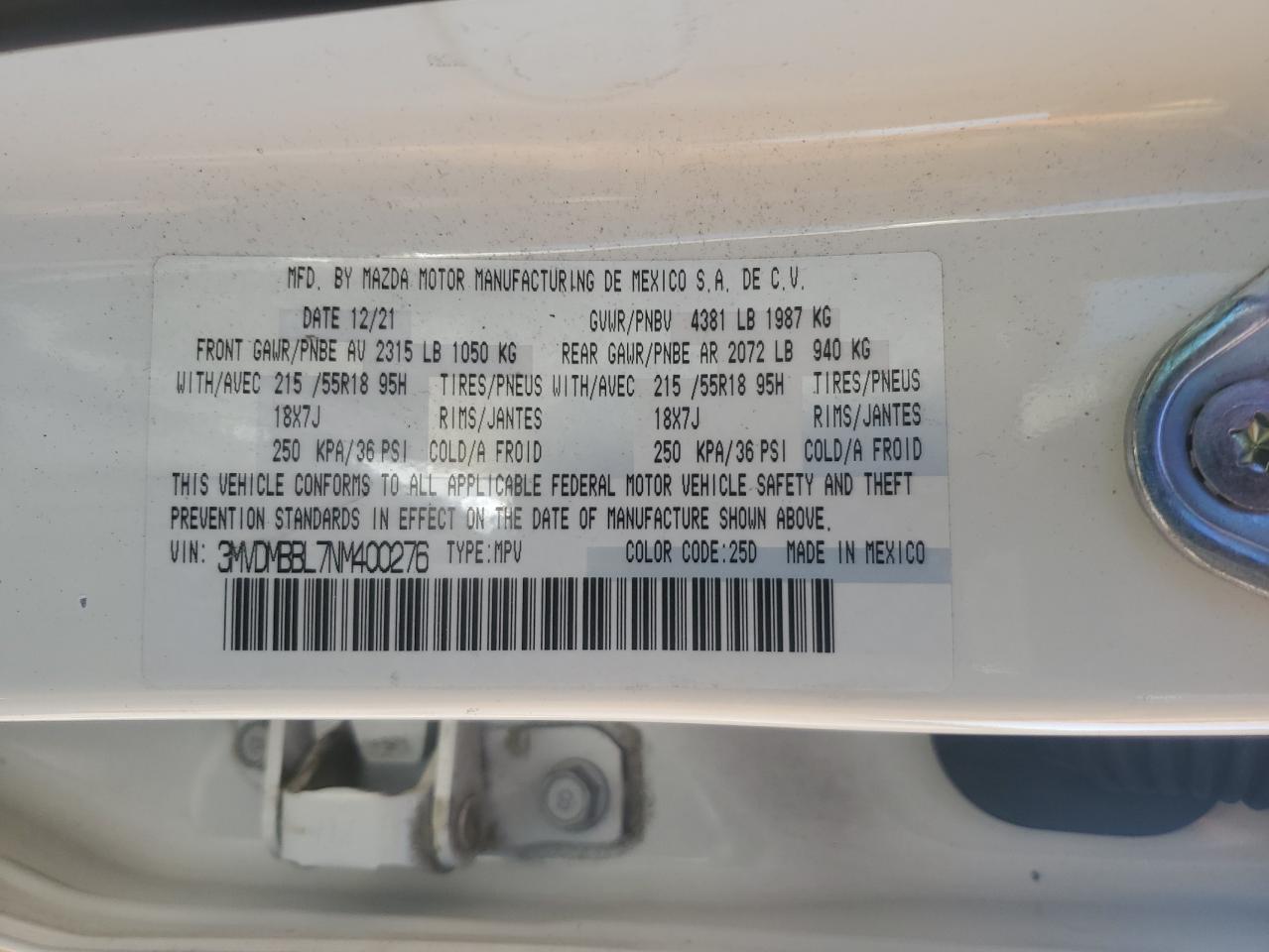 2022 MAZDA CX-30 SELECT VIN:1FTEW1C59KKC10914