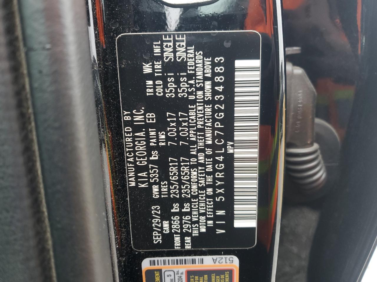 2023 KIA SORENTO LX VIN:5XYRG4LC7PG234883