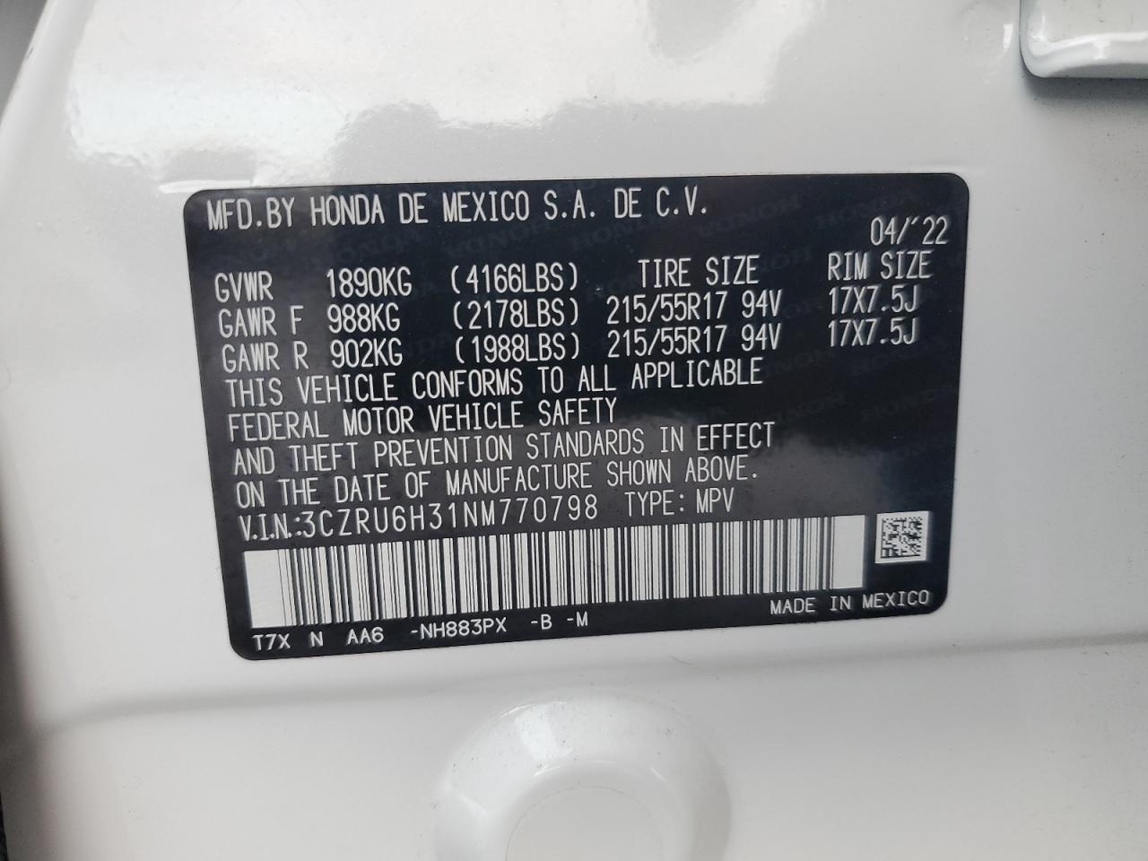 2022 HONDA HR-V LX VIN:3CZRU6H31NM770798