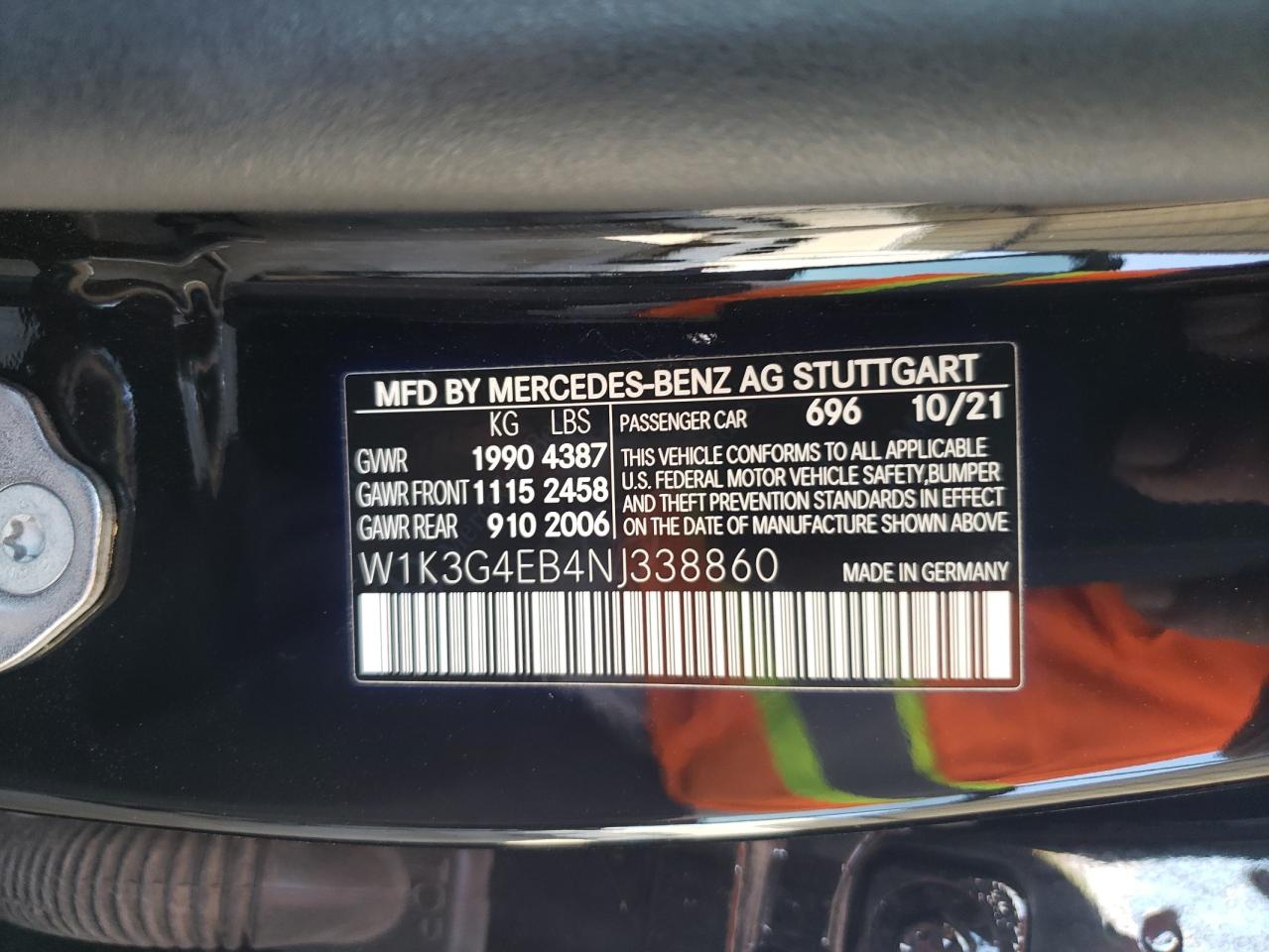 2022 MERCEDES-BENZ A 220 VIN:W1K3G4EB4NJ338860