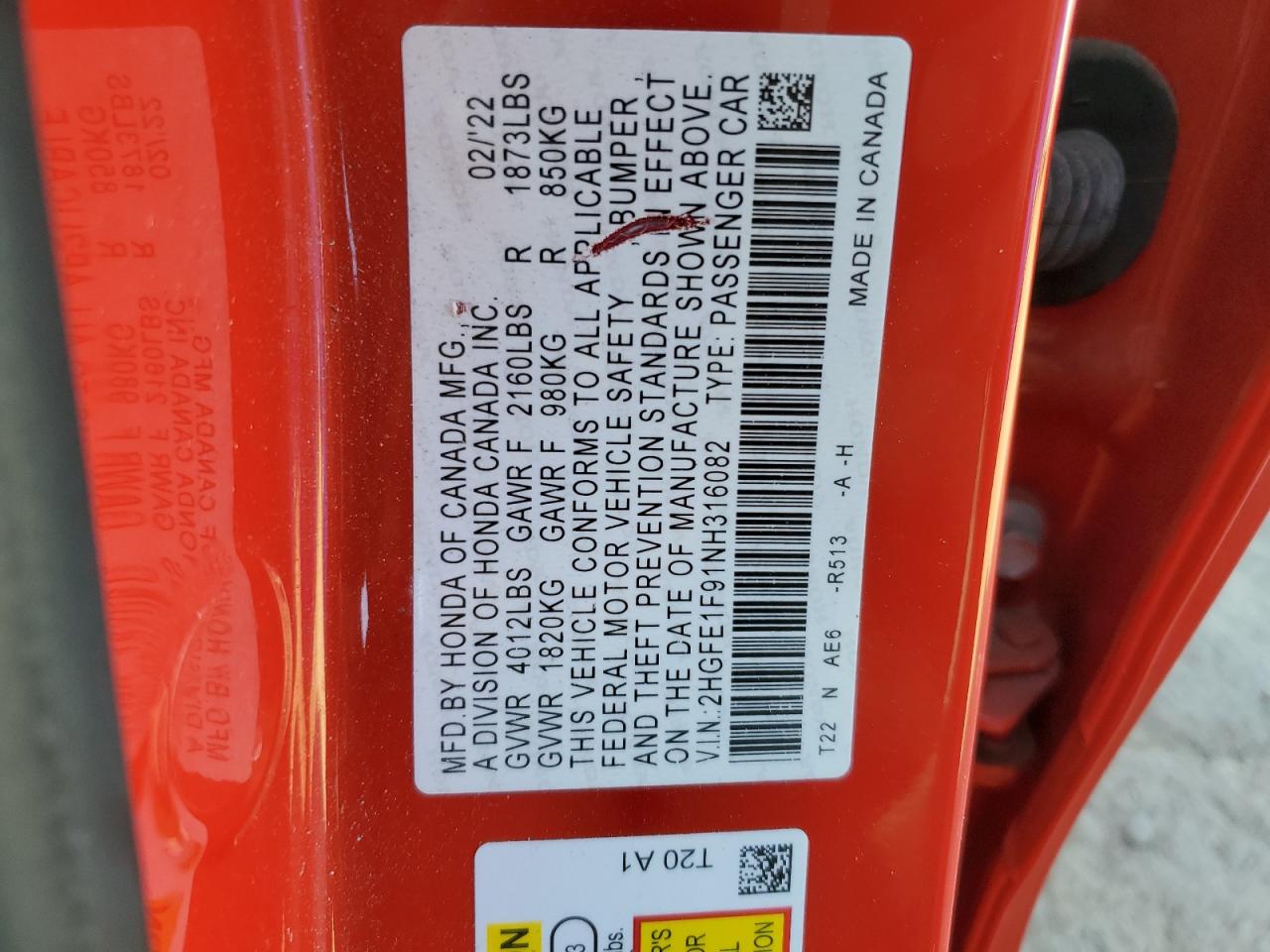 2022 HONDA CIVIC TOURING VIN:2HGFE1F91NH316082