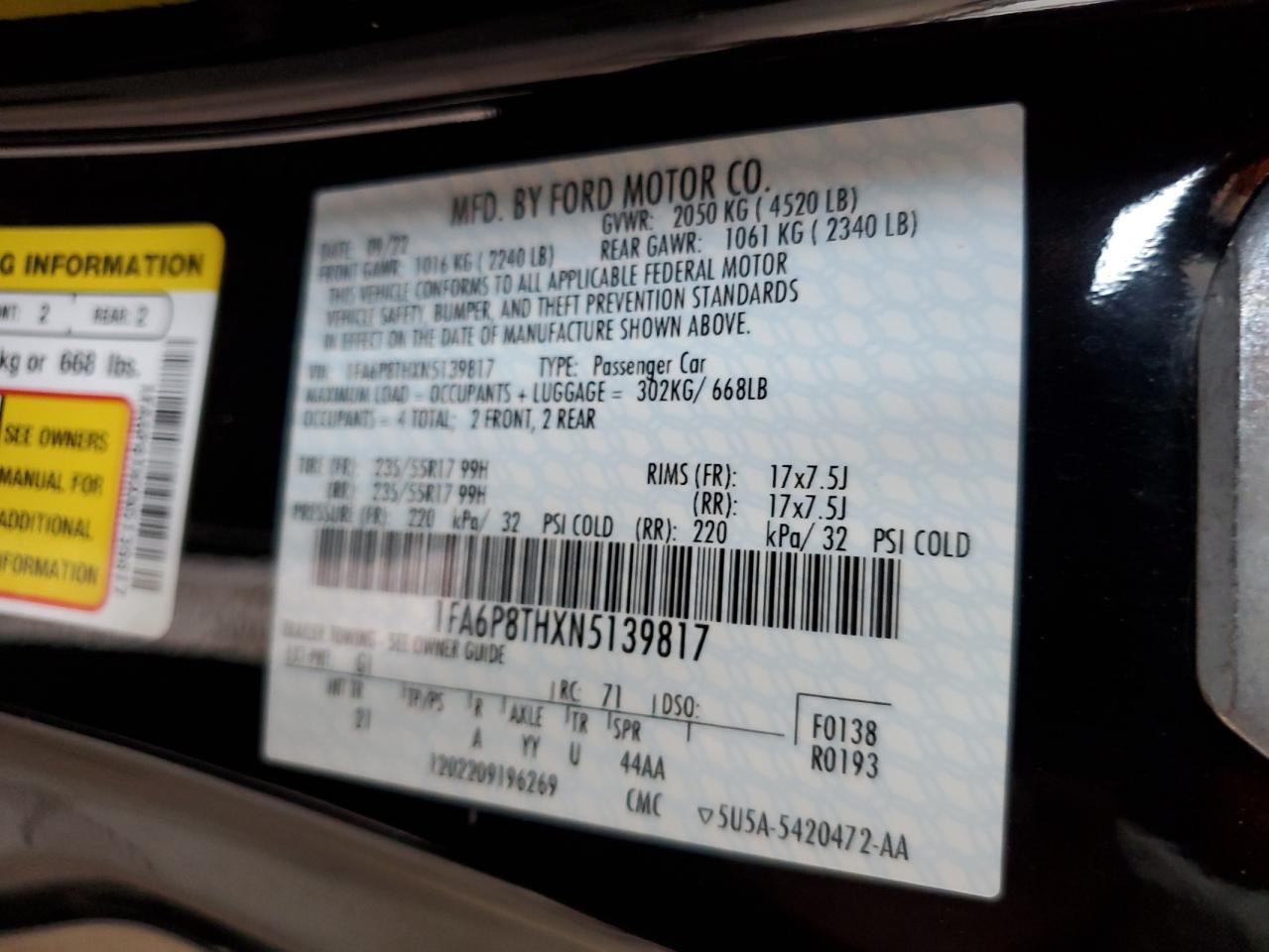 2022 FORD MUSTANG  VIN:1FA6P8THXN5139817