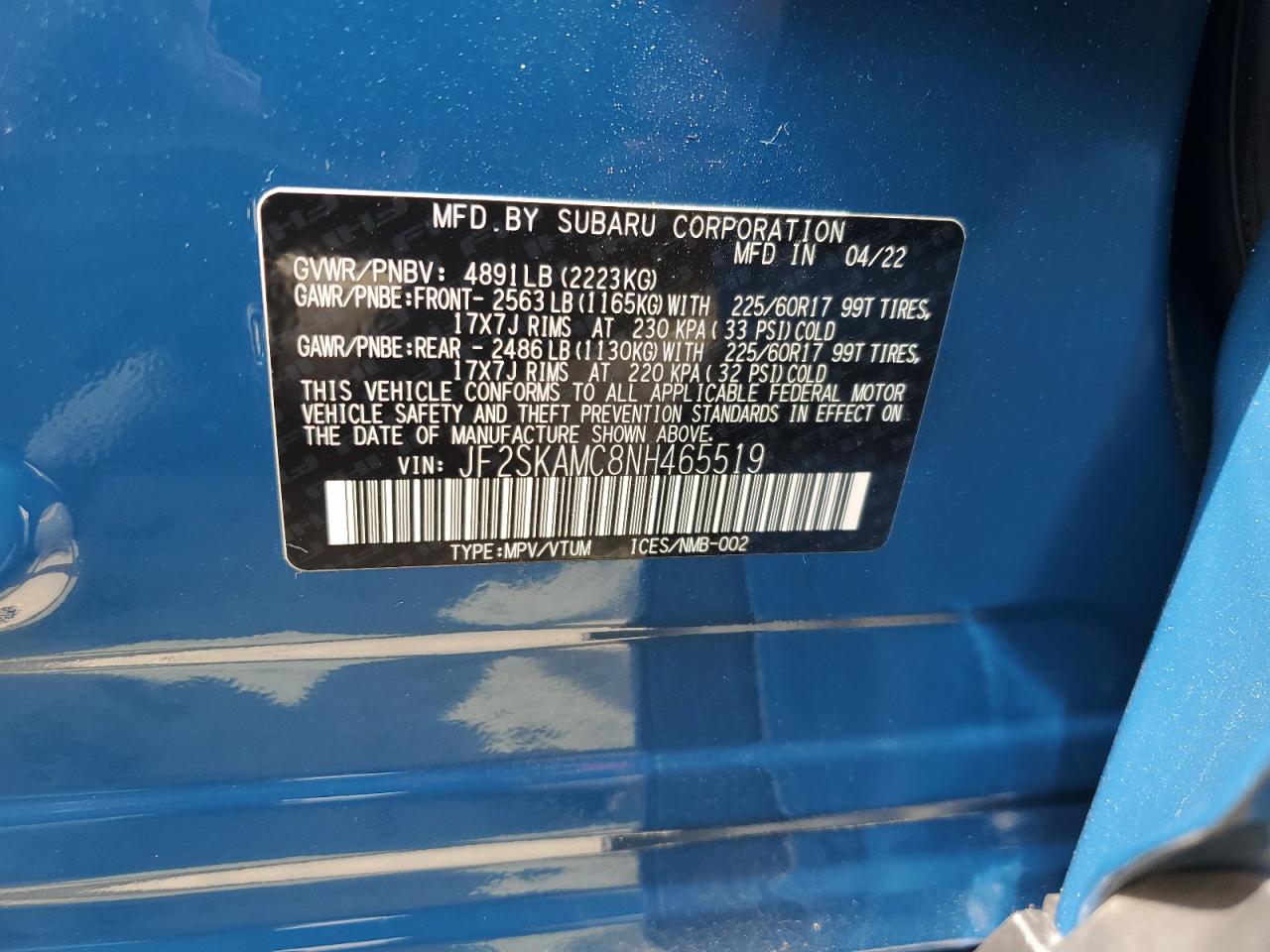 2022 SUBARU FORESTER WILDERNESS VIN:JF2SKAMC8NH465519