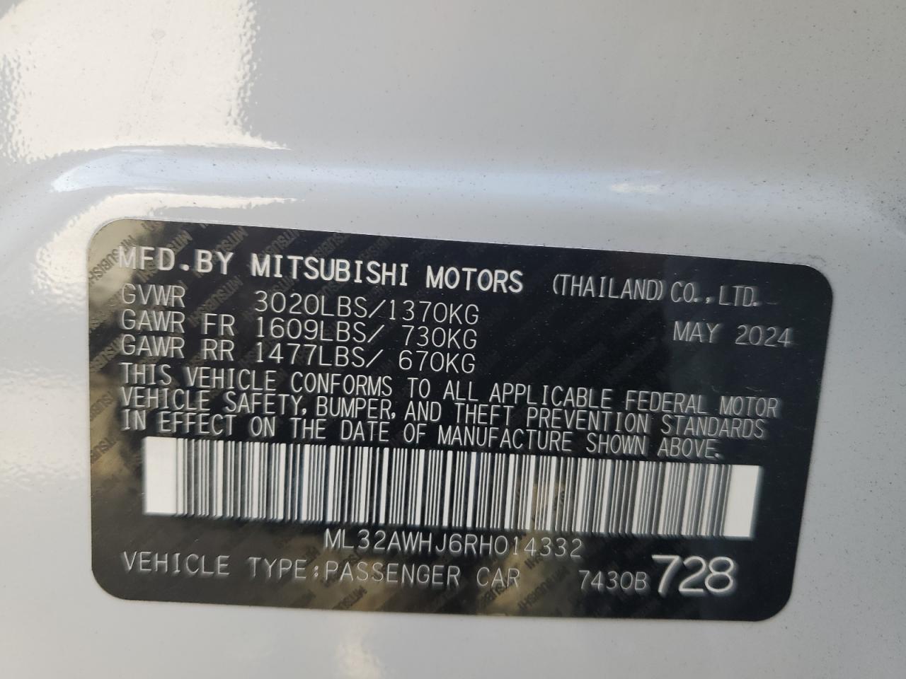 2024 MITSUBISHI MIRAGE SE VIN:ML32AWHJ6RH014332