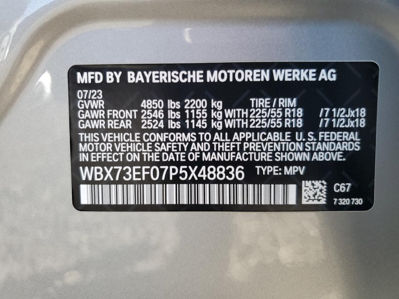 2023 BMW X1 XDRIVE28I VIN:WBX73EF07P5X48836