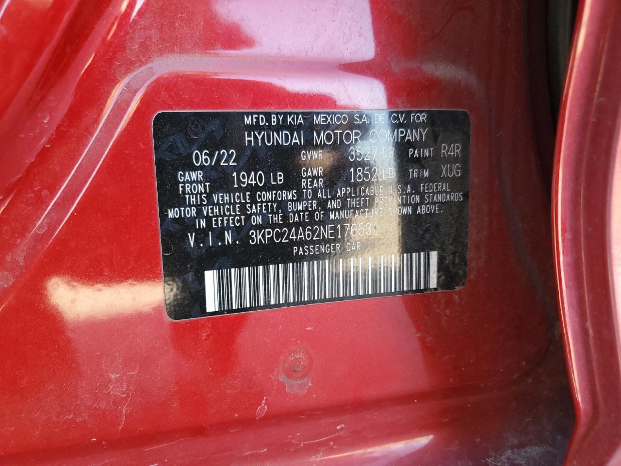 2022 HYUNDAI ACCENT SE VIN:3KPC24A62NE176631