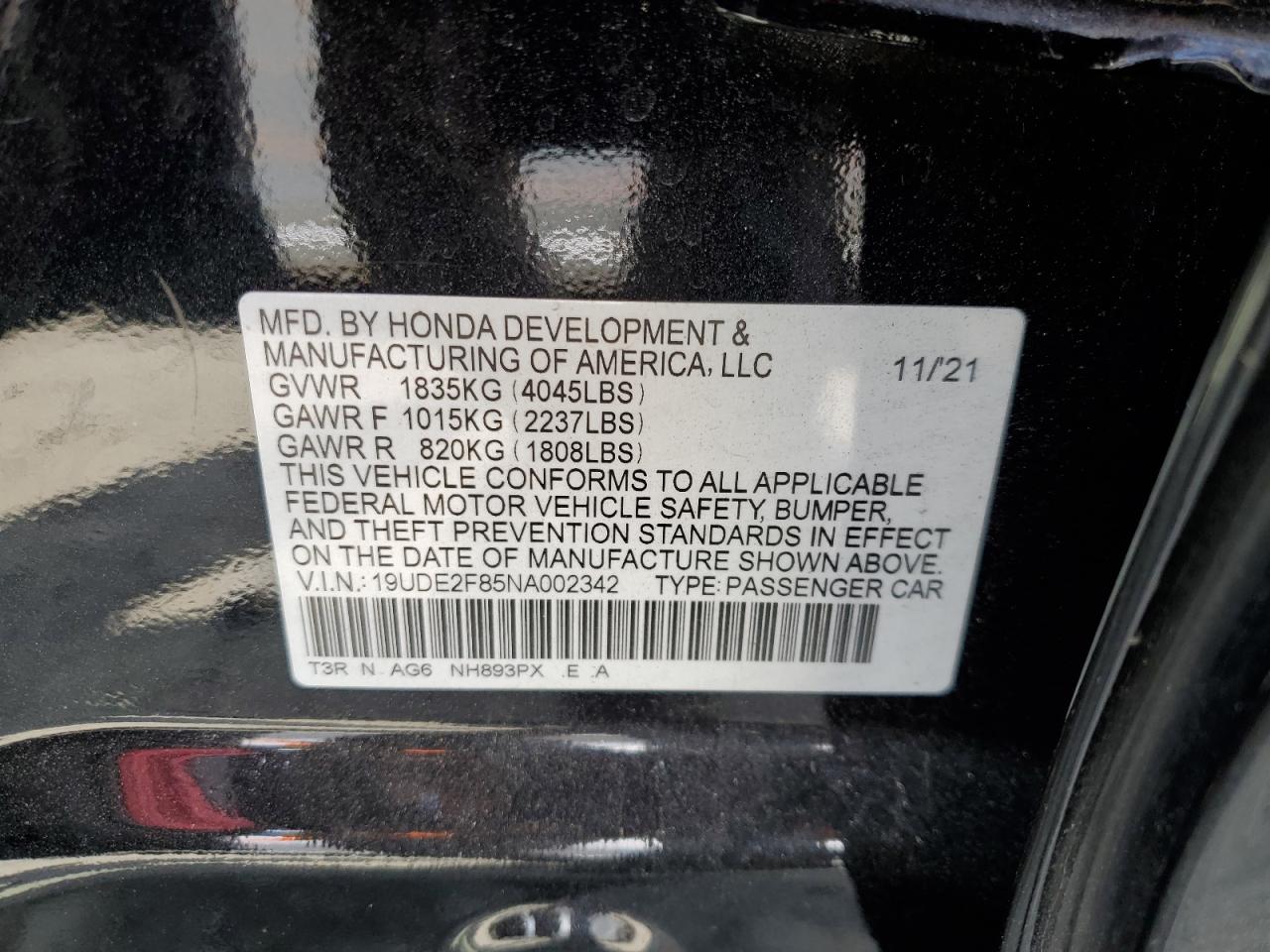 2022 ACURA ILX PREMIUM A-SPEC VIN:19UDE2F85NA002342