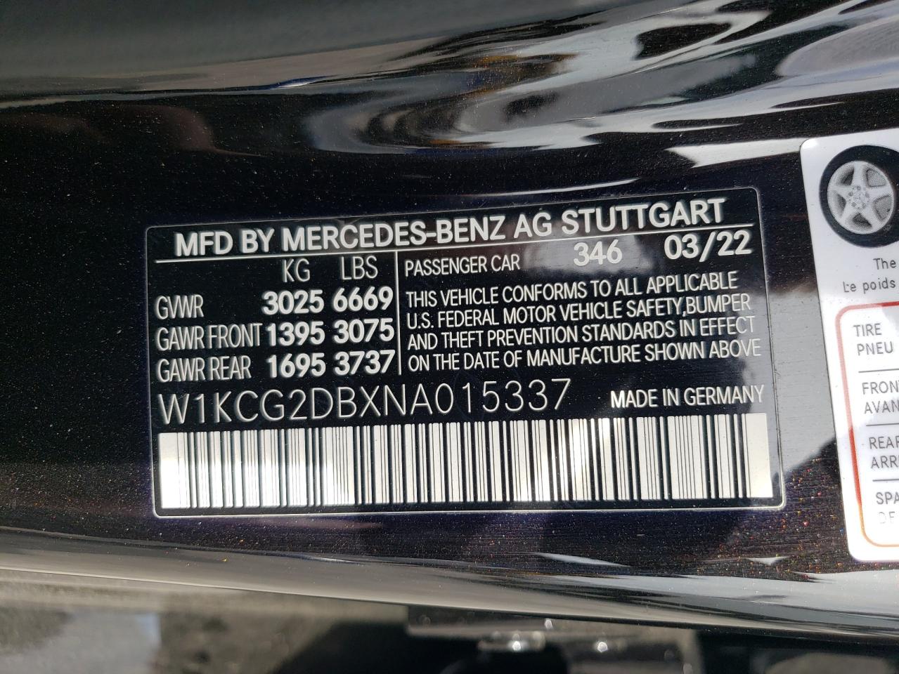 2022 MERCEDES-BENZ EQS SEDAN 450+ VIN:W1KCG2DBXNA015337