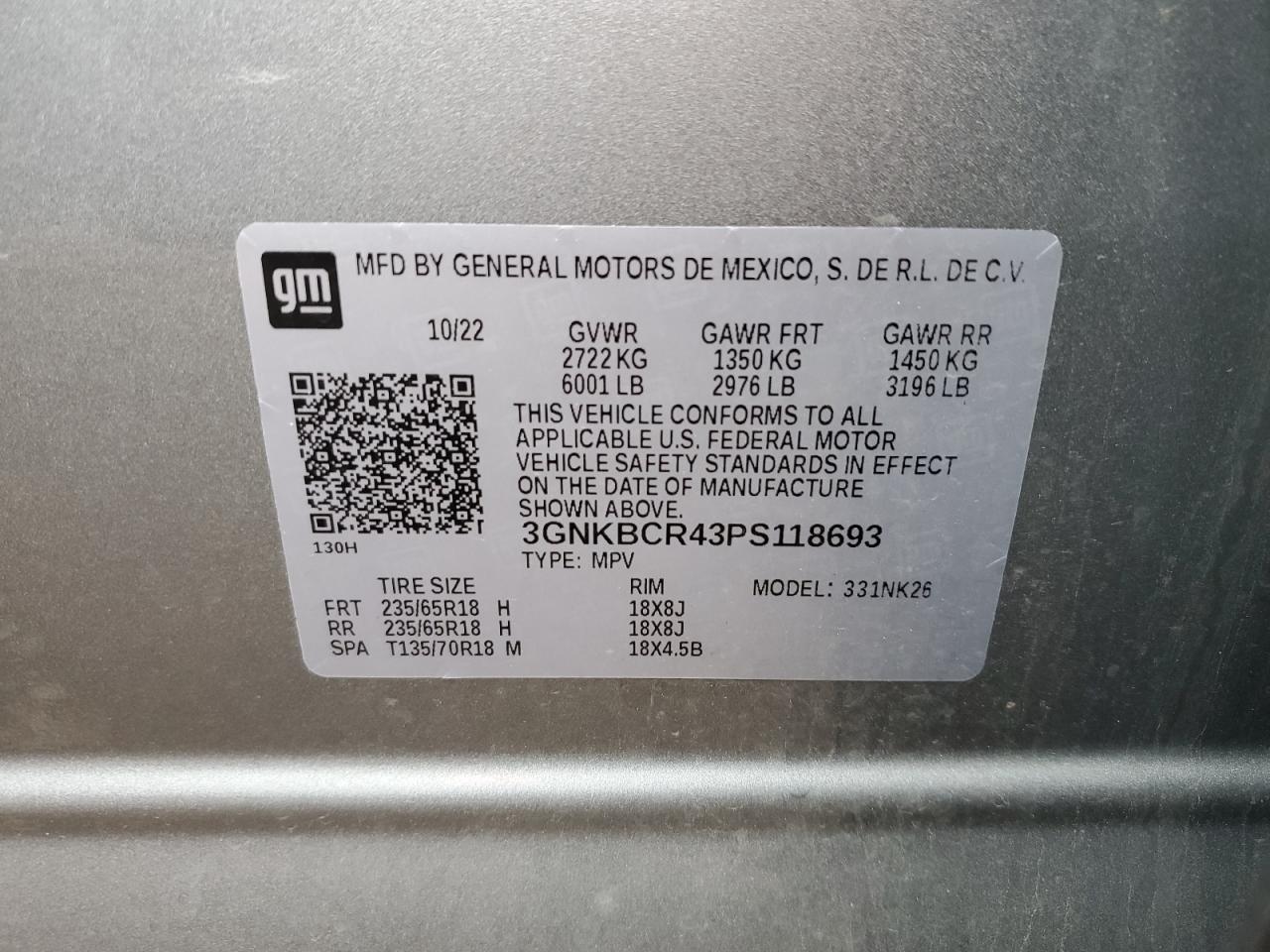 2023 CHEVROLET BLAZER 2LT VIN:3GNKBCR43PS118693