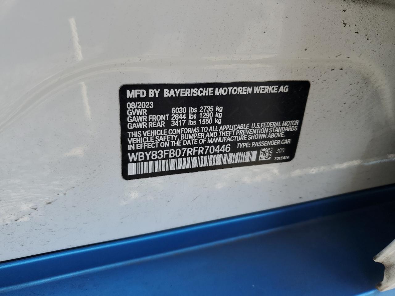 2024 BMW I4 XDRIVE 40 VIN:WBY83FB07RFR70446