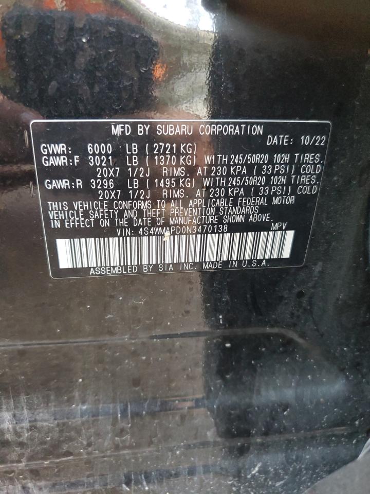 2022 SUBARU ASCENT LIMITED VIN:4S4WMAPD0N3470138