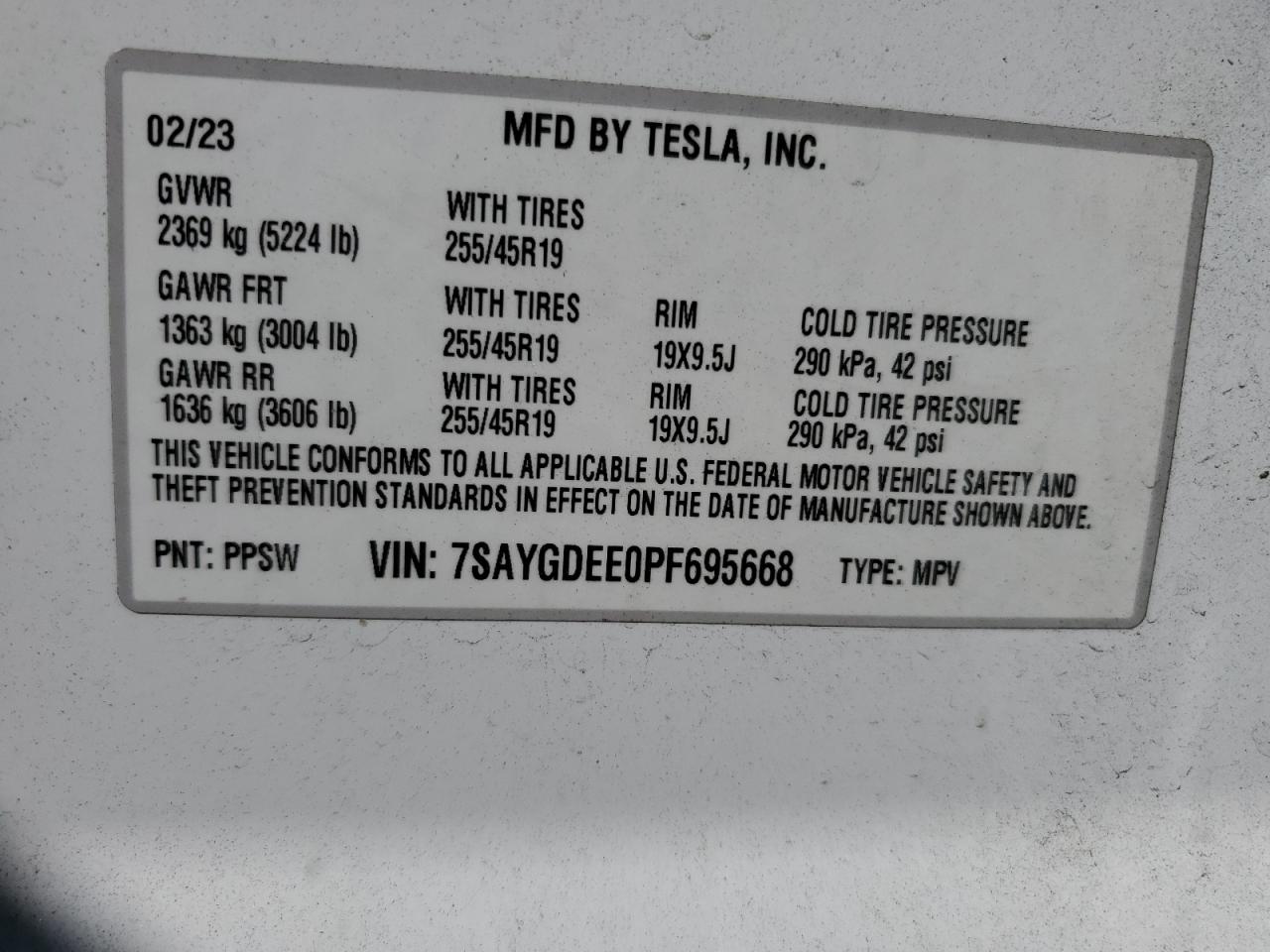 2023 TESLA MODEL Y  VIN:7SAYGDEE0PF695668