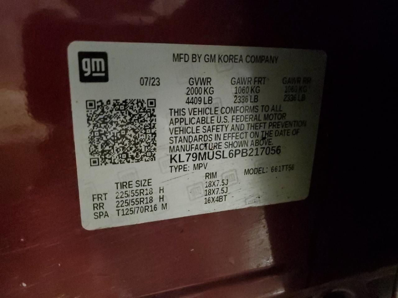 2023 CHEVROLET TRAILBLAZER RS VIN:KL79MUSL6PB217056